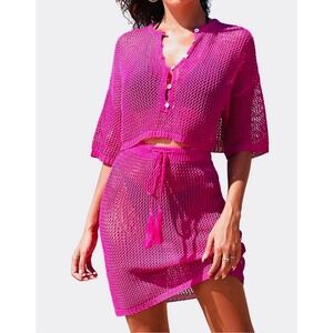 NEW Hot Pink Crochet Knit‎ 2 Piece Set Size Large Beach Coverup Barbiecore